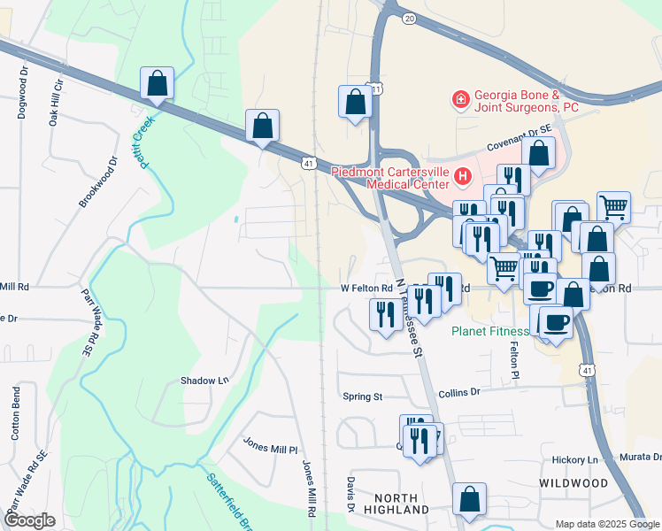 map of restaurants, bars, coffee shops, grocery stores, and more near 71 West Felton Road in Cartersville