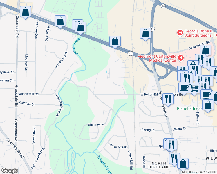map of restaurants, bars, coffee shops, grocery stores, and more near 123 West Felton Road in Cartersville