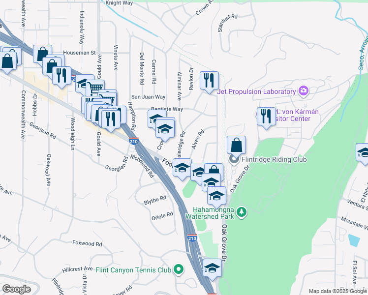 map of restaurants, bars, coffee shops, grocery stores, and more near 4544 Daleridge Road in La Cañada Flintridge
