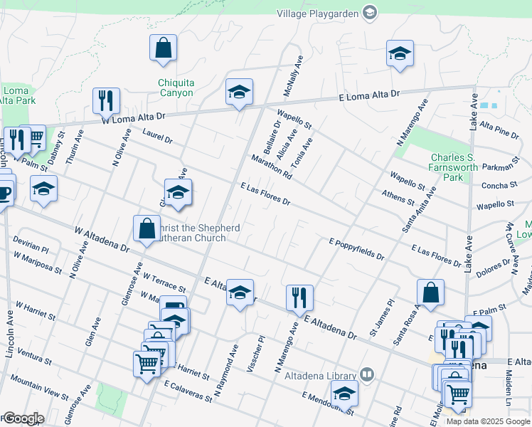 map of restaurants, bars, coffee shops, grocery stores, and more near 3079 Highview Avenue in Altadena