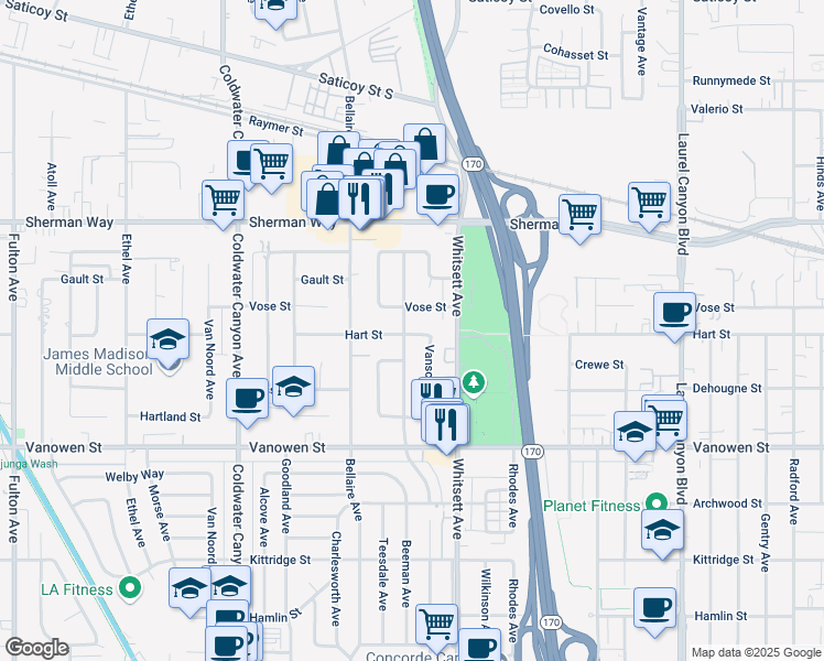 map of restaurants, bars, coffee shops, grocery stores, and more near 6946 Babcock Avenue in Los Angeles