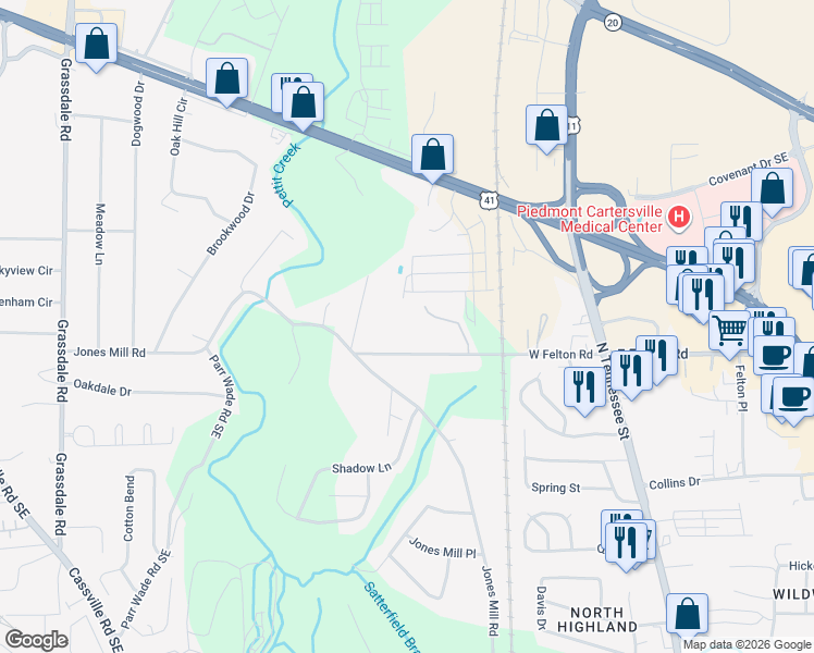 map of restaurants, bars, coffee shops, grocery stores, and more near 120 West Felton Road in Cartersville