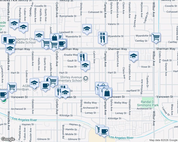 map of restaurants, bars, coffee shops, grocery stores, and more near 19427 Hart Street in Los Angeles