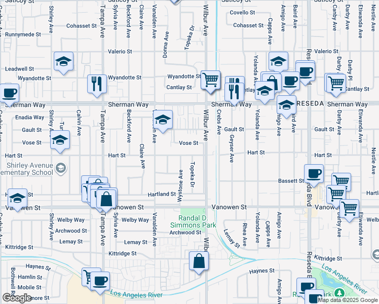 map of restaurants, bars, coffee shops, grocery stores, and more near 18935 Hart Street in Los Angeles