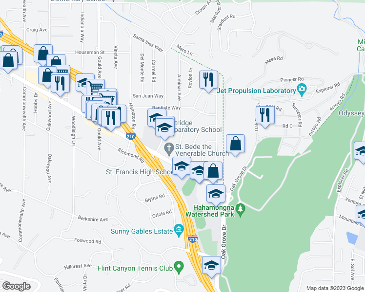 map of restaurants, bars, coffee shops, grocery stores, and more near 4544 Daleridge Road in La Cañada Flintridge