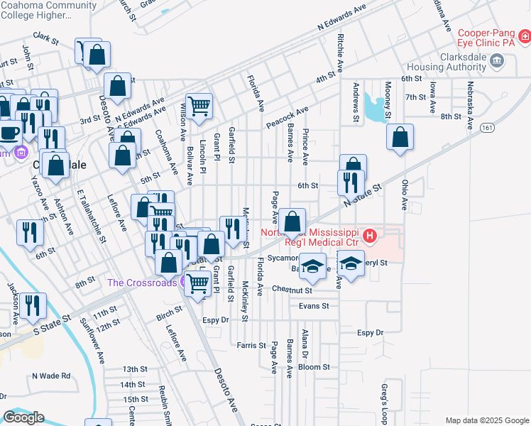 map of restaurants, bars, coffee shops, grocery stores, and more near 713 Page Avenue in Clarksdale