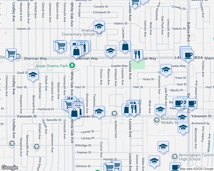 map of restaurants, bars, coffee shops, grocery stores, and more near 7001 Bianca Avenue in Los Angeles