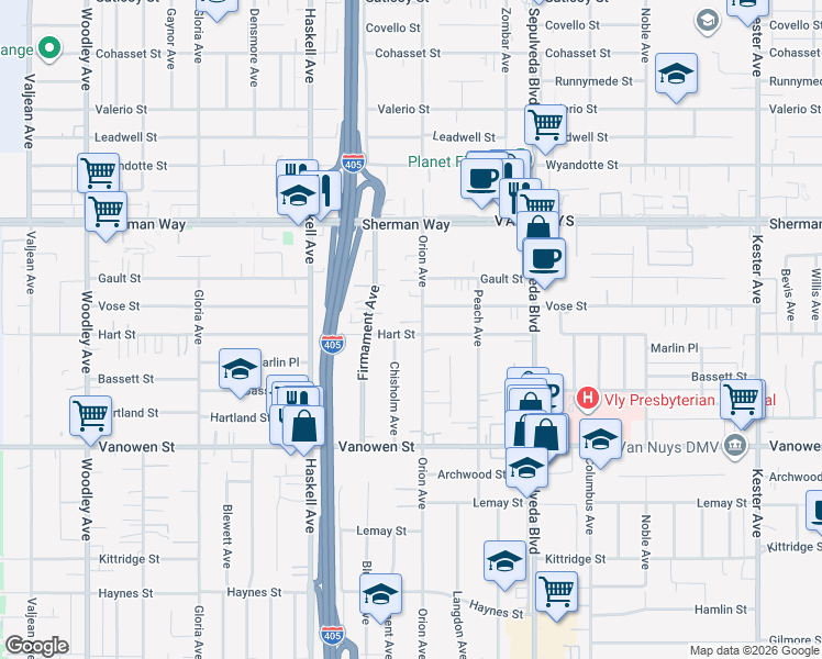 map of restaurants, bars, coffee shops, grocery stores, and more near 6942 Chisholm Avenue in Los Angeles