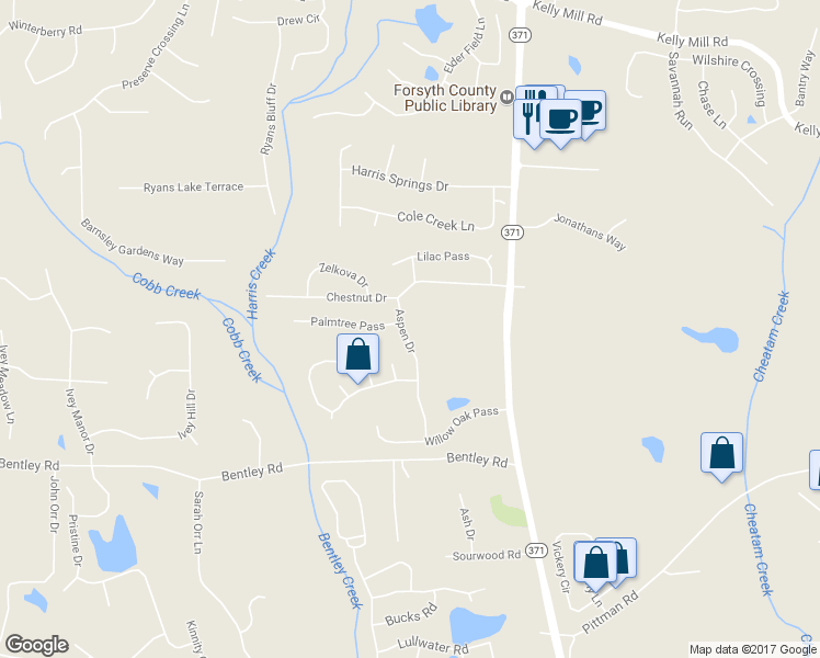 map of restaurants, bars, coffee shops, grocery stores, and more near 5705 Aspen Drive in Cumming