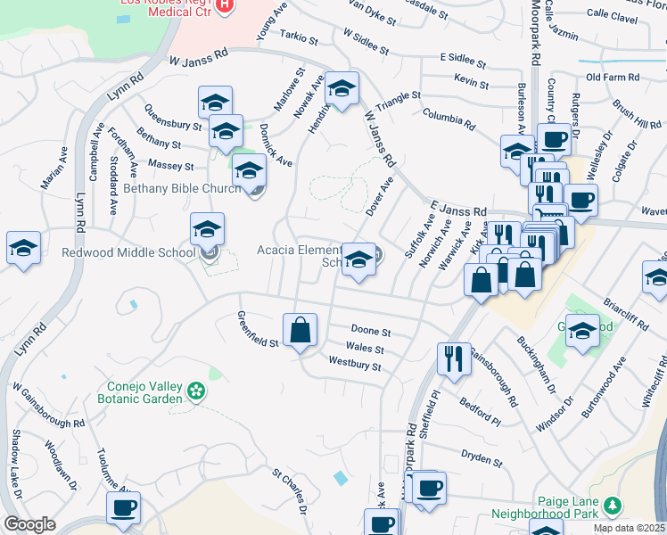 map of restaurants, bars, coffee shops, grocery stores, and more near 1461 Dover Avenue in Thousand Oaks