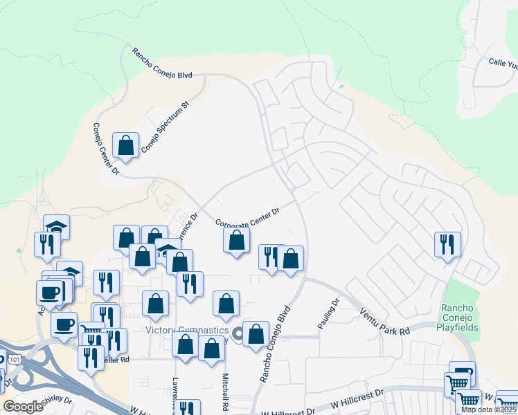 map of restaurants, bars, coffee shops, grocery stores, and more near 2101 Corporate Center Drive in Thousand Oaks