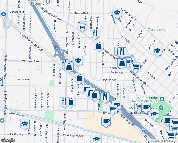 map of restaurants, bars, coffee shops, grocery stores, and more near 2318 Peyton Avenue in Burbank