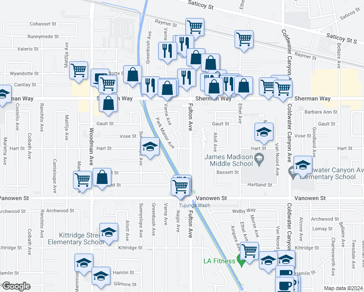 map of restaurants, bars, coffee shops, grocery stores, and more near 7000 Nagle Avenue in Los Angeles