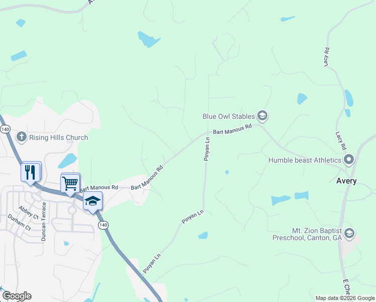 map of restaurants, bars, coffee shops, grocery stores, and more near 648 Bart Manous Road in Canton