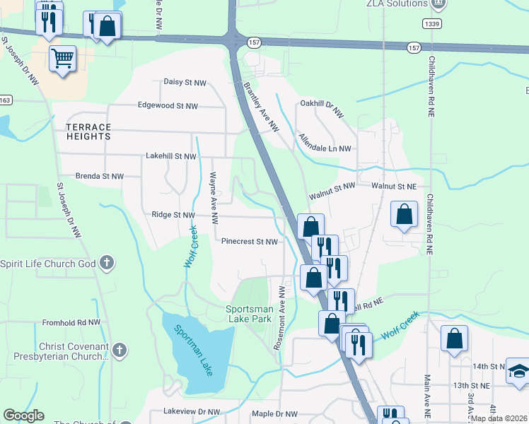 map of restaurants, bars, coffee shops, grocery stores, and more near 1514 Ridge Street Northwest in Cullman