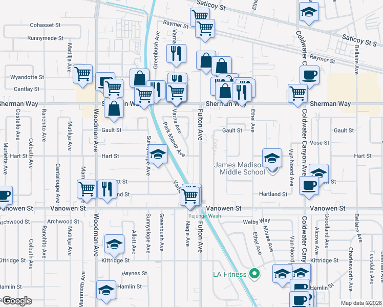map of restaurants, bars, coffee shops, grocery stores, and more near 7000 Nagle Avenue in Los Angeles