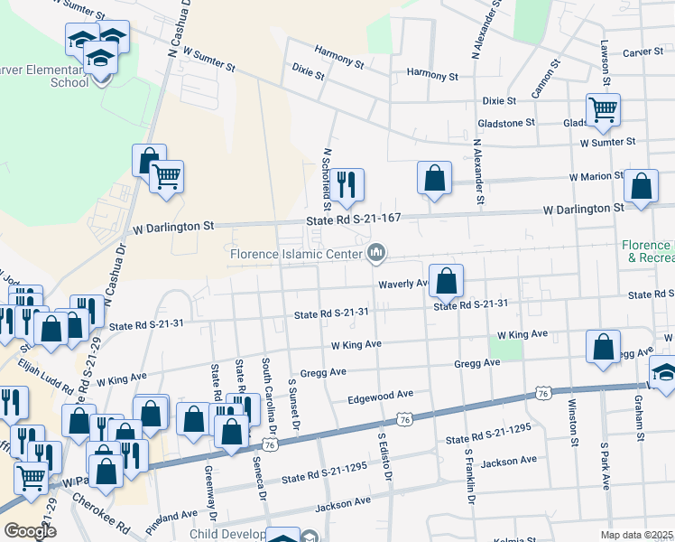map of restaurants, bars, coffee shops, grocery stores, and more near 1318 Waverly Avenue in Florence