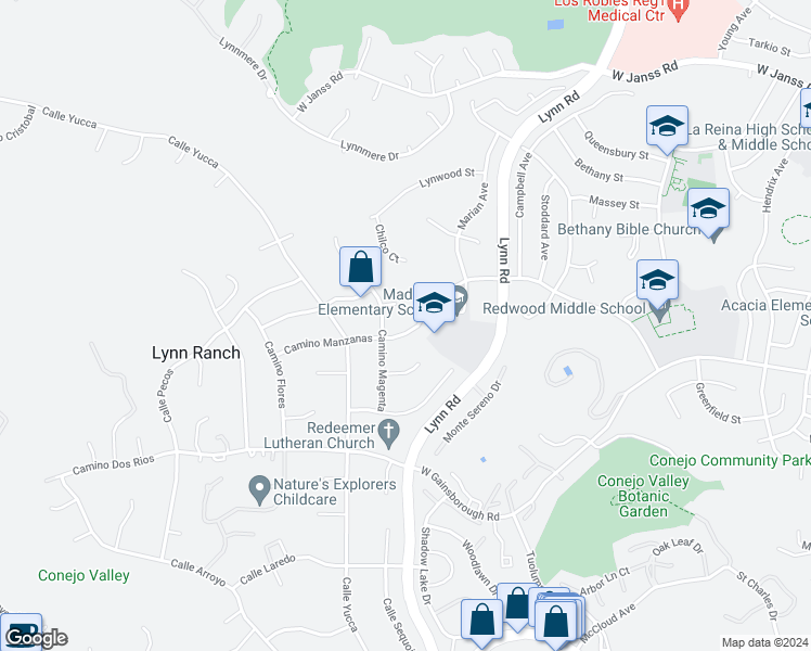 map of restaurants, bars, coffee shops, grocery stores, and more near 651 Camino Manzanas in Thousand Oaks
