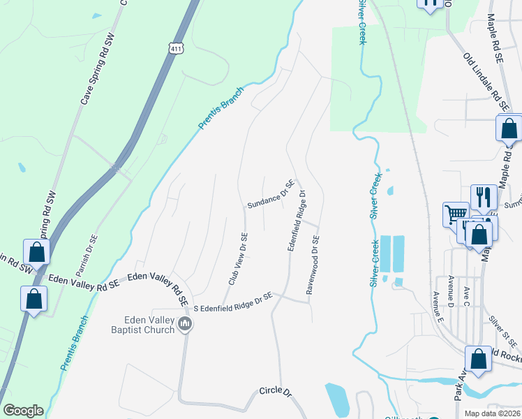 map of restaurants, bars, coffee shops, grocery stores, and more near 7 Sundance Drive Southeast in Rome