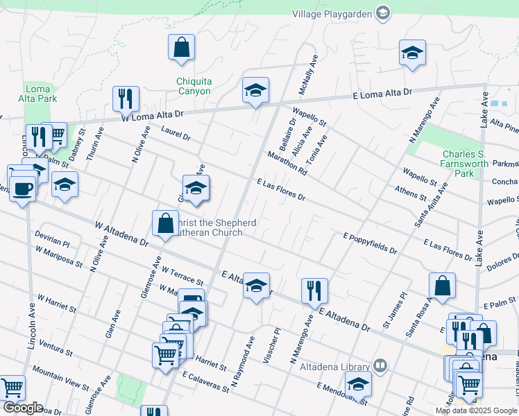 map of restaurants, bars, coffee shops, grocery stores, and more near 3091 Ewing Avenue in Altadena