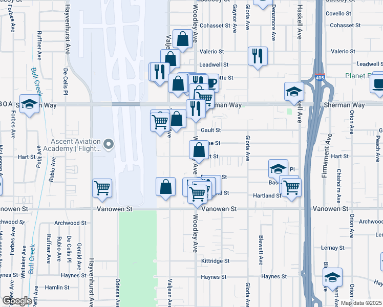 map of restaurants, bars, coffee shops, grocery stores, and more near 7036 Woodley Avenue in Los Angeles
