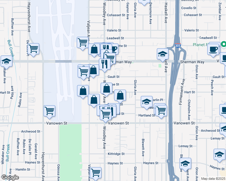 map of restaurants, bars, coffee shops, grocery stores, and more near 16037 Hart Street in Los Angeles