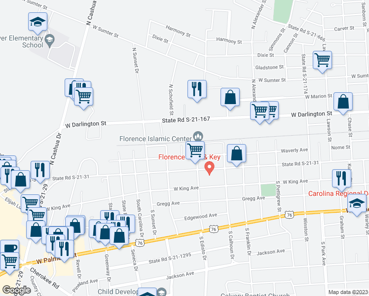 map of restaurants, bars, coffee shops, grocery stores, and more near 158 Carter Street in Florence