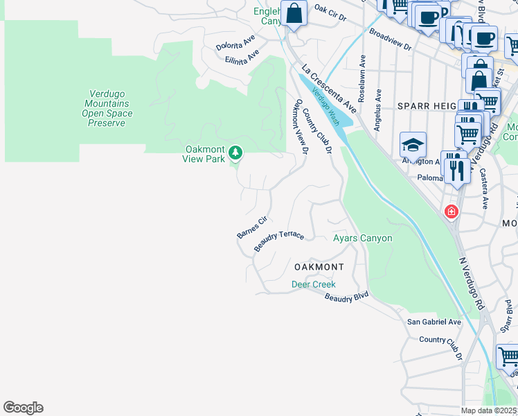 map of restaurants, bars, coffee shops, grocery stores, and more near 3341 Deer Creek Lane in Glendale