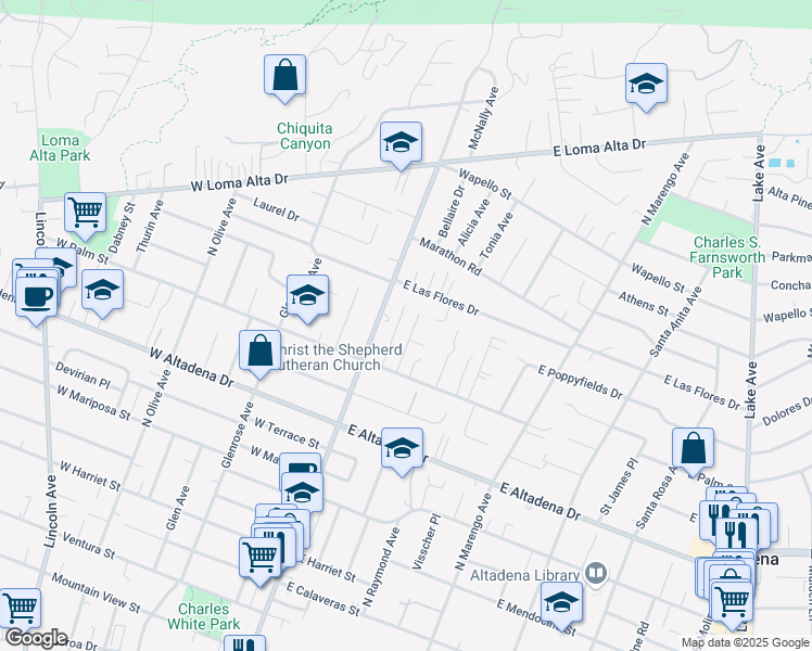 map of restaurants, bars, coffee shops, grocery stores, and more near 3091 Ewing Avenue in Altadena