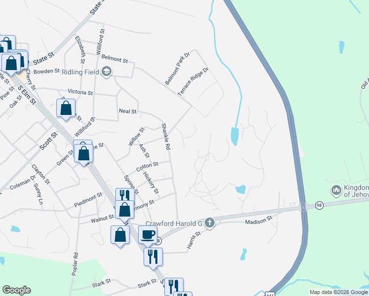 map of restaurants, bars, coffee shops, grocery stores, and more near 199 Hillcrest Street in Commerce
