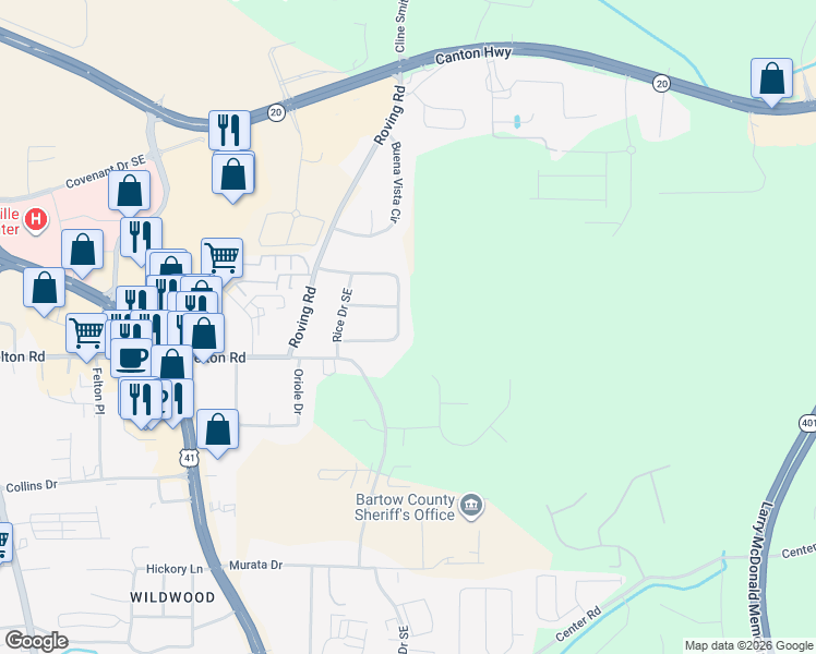 map of restaurants, bars, coffee shops, grocery stores, and more near 15 Roving Hills Circle in Cartersville