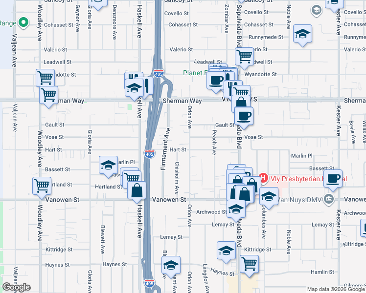 map of restaurants, bars, coffee shops, grocery stores, and more near 15517 Hart Street in Los Angeles
