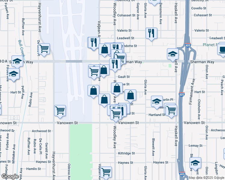 map of restaurants, bars, coffee shops, grocery stores, and more near 7005 Woodley Avenue in Los Angeles