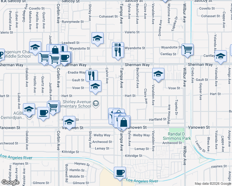 map of restaurants, bars, coffee shops, grocery stores, and more near 7008 Aura Avenue in Los Angeles