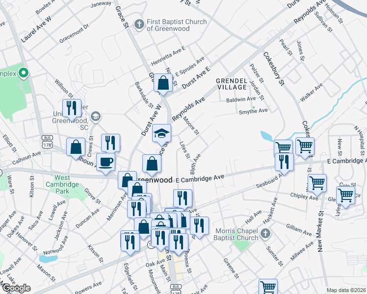 map of restaurants, bars, coffee shops, grocery stores, and more near 301 Lites Street in Greenwood