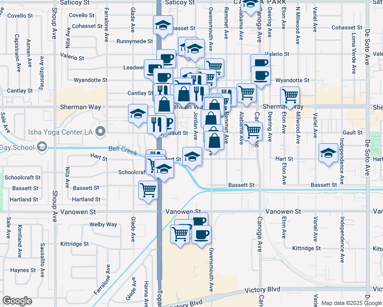 map of restaurants, bars, coffee shops, grocery stores, and more near 7005 Jordan Avenue in Los Angeles
