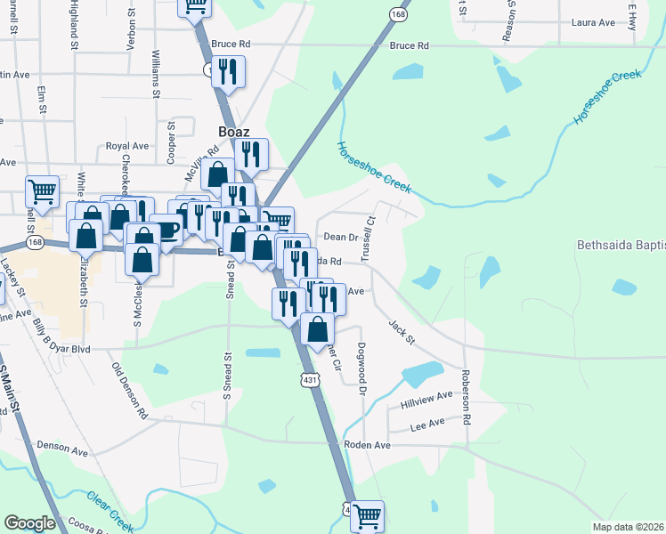 map of restaurants, bars, coffee shops, grocery stores, and more near 1121 Bethsaida Road in Boaz
