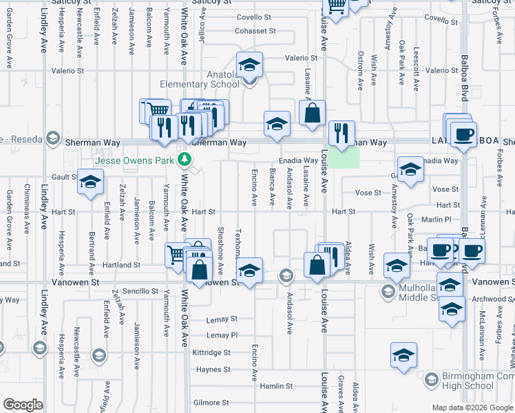 map of restaurants, bars, coffee shops, grocery stores, and more near 7033 Bianca Avenue in Los Angeles