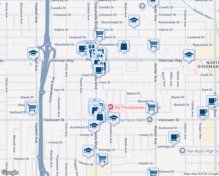 map of restaurants, bars, coffee shops, grocery stores, and more near 15215 Marlin Place in Van Nuys