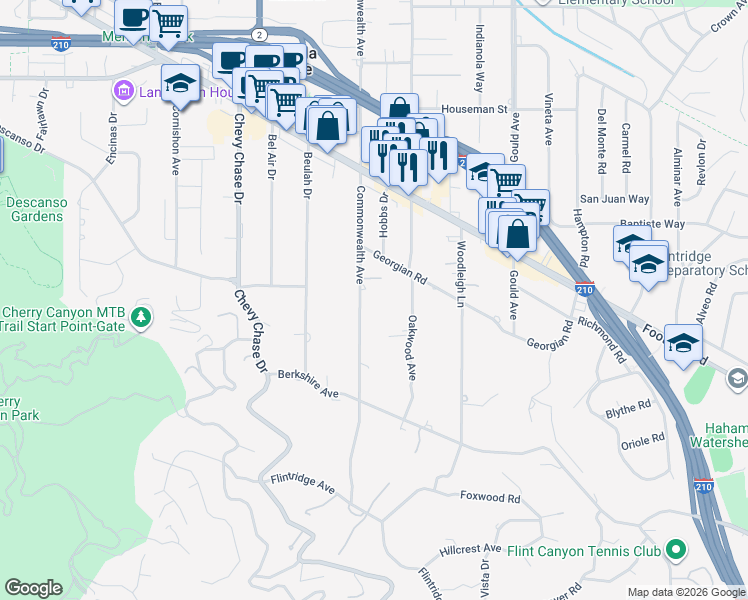map of restaurants, bars, coffee shops, grocery stores, and more near 4350 Commonwealth Avenue in La Cañada Flintridge