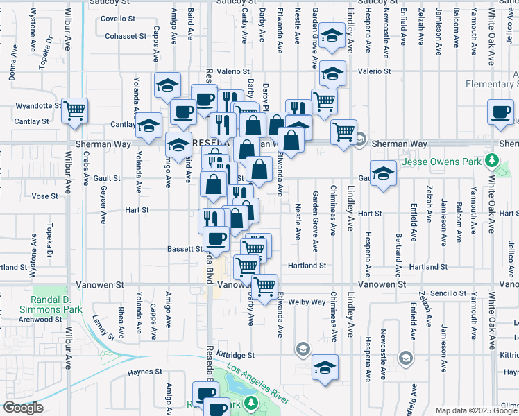 map of restaurants, bars, coffee shops, grocery stores, and more near 7032 Darby Avenue in Los Angeles