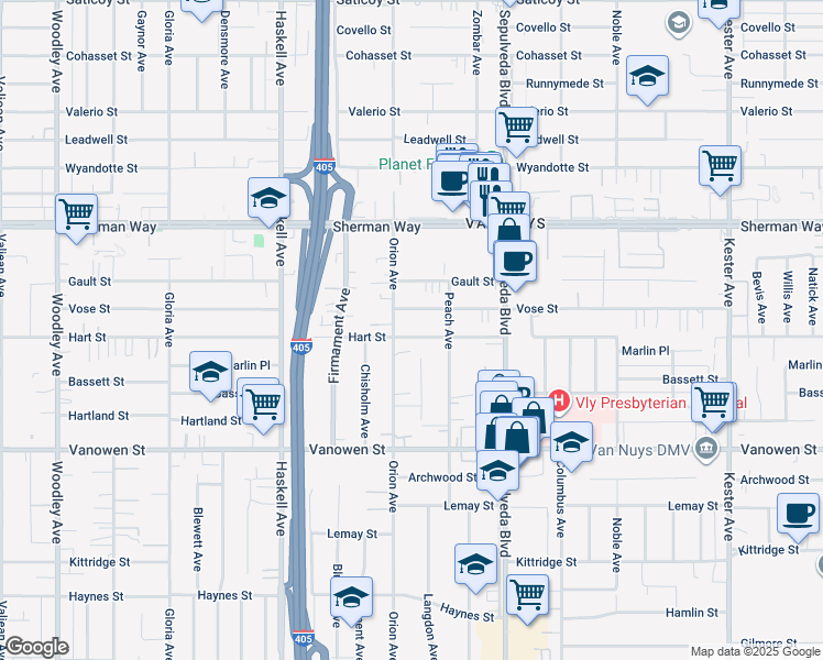 map of restaurants, bars, coffee shops, grocery stores, and more near 15439 Hart Street in Los Angeles