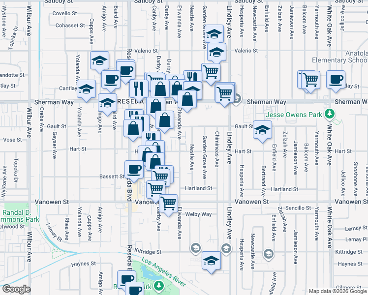 map of restaurants, bars, coffee shops, grocery stores, and more near 7034 Etiwanda Avenue in Los Angeles