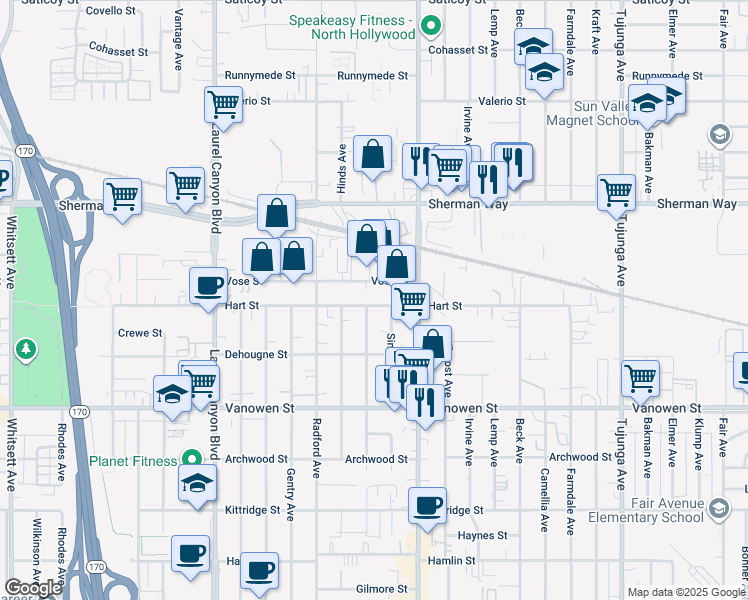 map of restaurants, bars, coffee shops, grocery stores, and more near 11701-11739 Vose Street in Los Angeles