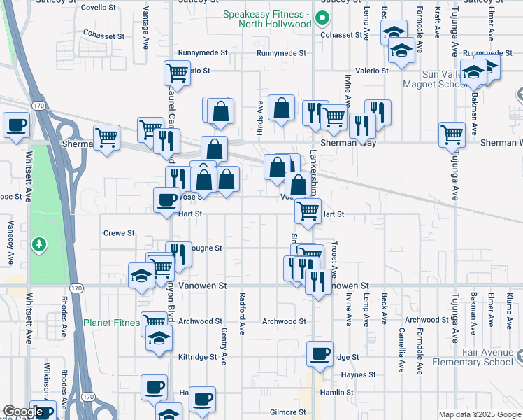 map of restaurants, bars, coffee shops, grocery stores, and more near 11815 Vose Street in Los Angeles