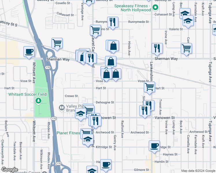 map of restaurants, bars, coffee shops, grocery stores, and more near 12019 Vose Street in Los Angeles