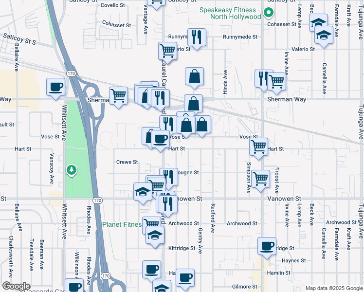 map of restaurants, bars, coffee shops, grocery stores, and more near 12019 Vose Street in Los Angeles