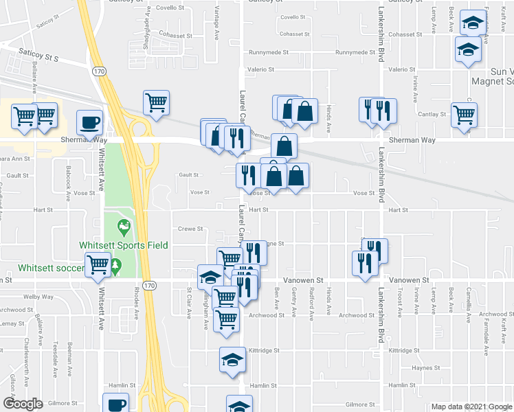 map of restaurants, bars, coffee shops, grocery stores, and more near 12019 Vose Street in Los Angeles