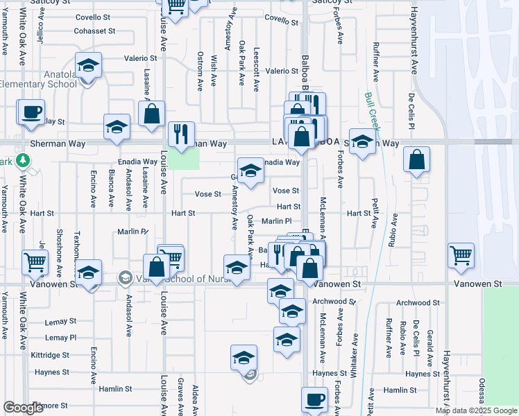 map of restaurants, bars, coffee shops, grocery stores, and more near 17000 Gault Street in Los Angeles