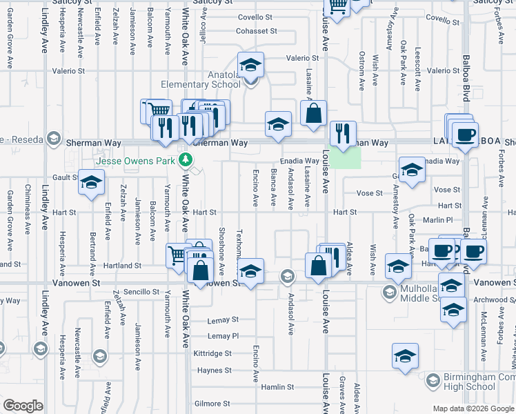 map of restaurants, bars, coffee shops, grocery stores, and more near 7033 Bianca Avenue in Los Angeles